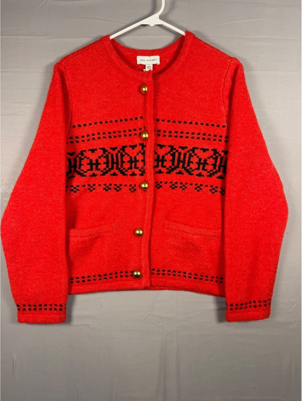 Free Assembly Women's Red and Black Patterned Cardigan Sweater, Size Large (12-1